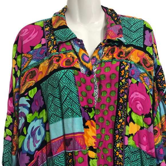 Vintage 90s Artsy Tunic Top Bold Colorful Geometric Button Front Blouse Large - Picture 2 of 9